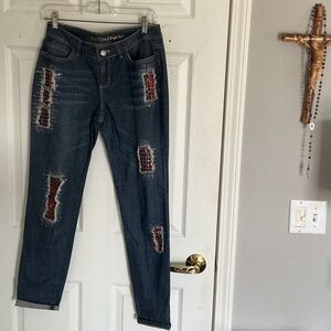Boston Proper Dark Blue Jeans with Red Patches and crystal embellished